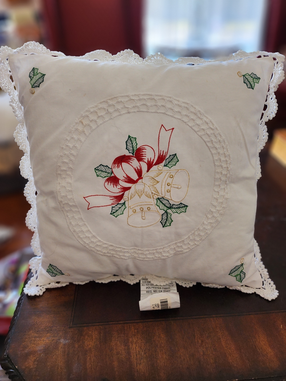 Festive Bell Embroidered Holiday Pillow - White with Red & Green & Gold Bells